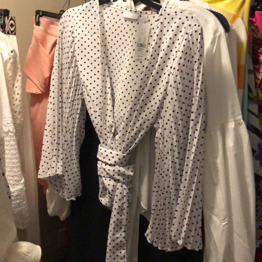 Polka Dot Pleated Sleeve Wrap Blouse